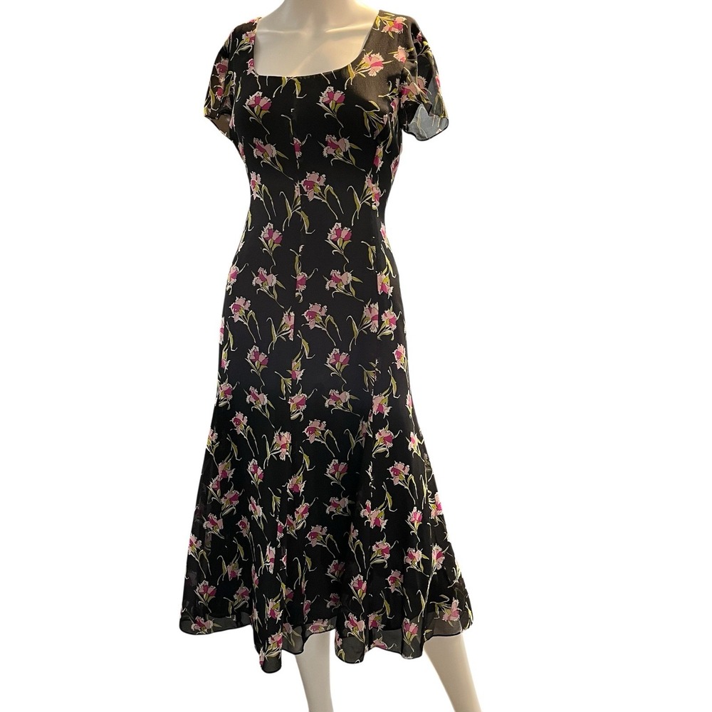 Jones New York Dress Black Silk Floral Maxi Lined 8 Event Wedding Guest Gala